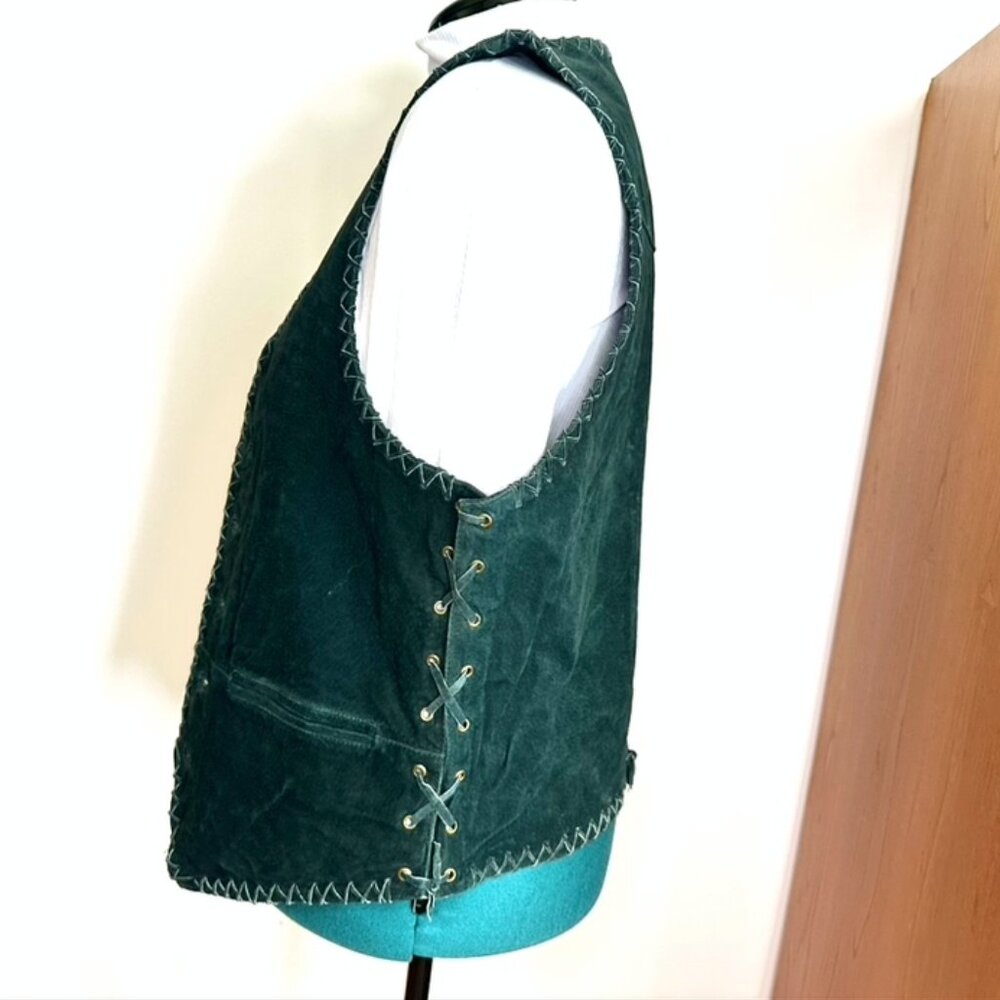 Green Genuine Suede-Leather Vintage Whip-Stitch Vest boho 80s biker unisex M - Picture 3 of 15